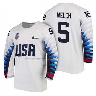 Camiseta Hockey USA Noah Welch 2018 Olympic Blanco