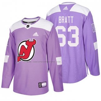 Camiseta Hockey New Jersey Devils Jesper Bratt 2018 Fights Cancer Violeta