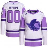 Camiseta Hockey Ottawa Senators Personalizada Fights Cancer Autentico Blanco Violeta