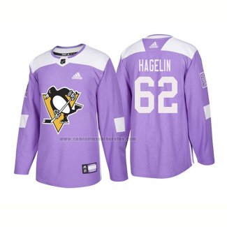 Camiseta Hockey Pittsburgh Penguins Carl Hagelin Autentico 2018 Fights Cancer Violeta