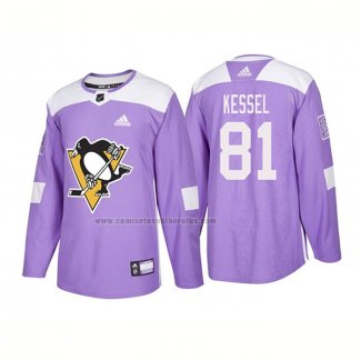 Camiseta Hockey Pittsburgh Penguins Phil Kessel Autentico 2018 Fights Cancer Violeta