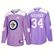 Camiseta Hockey Winnipeg Jets Michael Hutchinson Autentico 2018 Fights Cancer Violeta