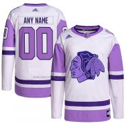 Camiseta Hockey Chicago Blackhawks Personalizada Fights Cancer Autentico Blanco Violeta