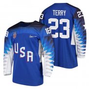 Camiseta Hockey USA Troy Terry 2018 Olympic Azul2