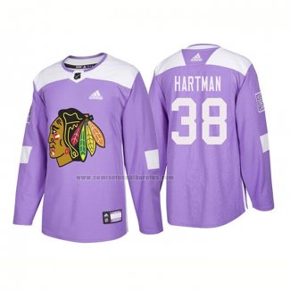 Camiseta Hockey Chicago Blackhawks Ryan Hartman Autentico 2018 Fights Cancer Violeta